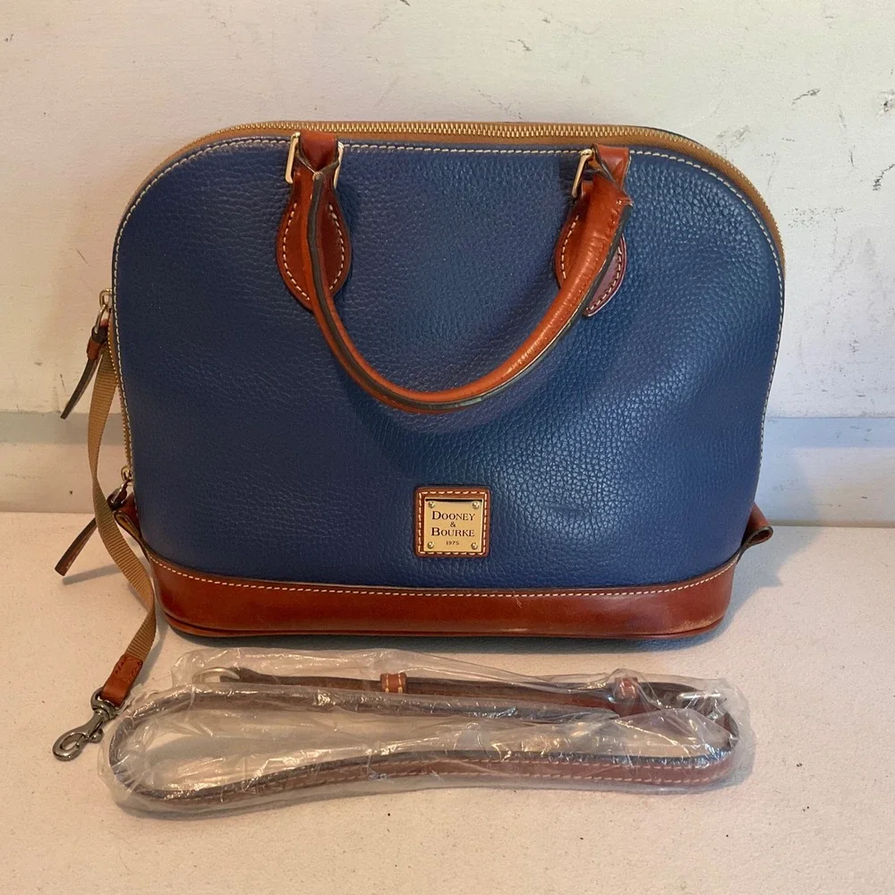 Dooney & Bourke Navy Blue Pebbled Leather Zip Zip Satchel Bag with Brown Trim